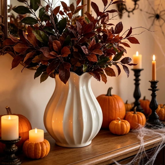AYktou White Ribbed Pumpkin Vase, Fall Floral Arrangement Vase Fluted Curved Resin Vase, Autumn Plants Pots Halloween Harvest Thanksgiving Farmhouse Table Vase for Home Room Table Centerp Office