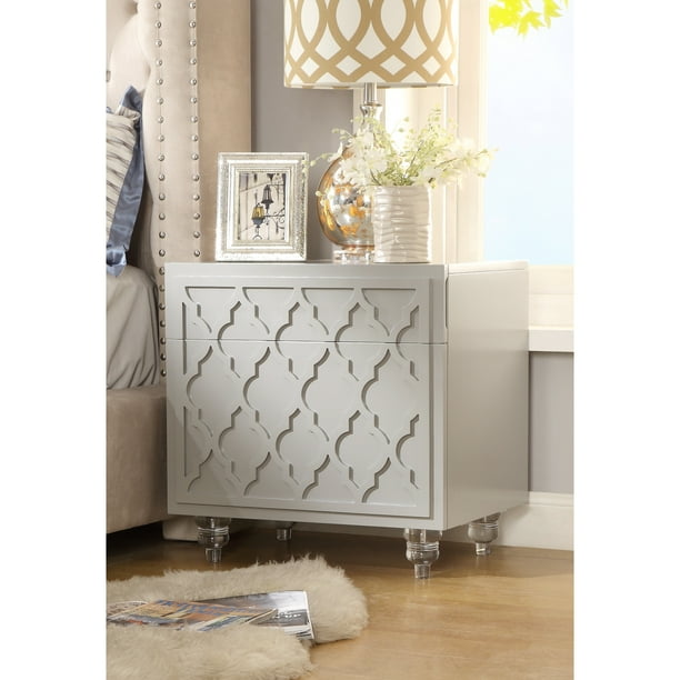 Inspired Home Beryl Glossy Modern Nightstand Lacquer Finish Trellis Design, Light Grey Walmart