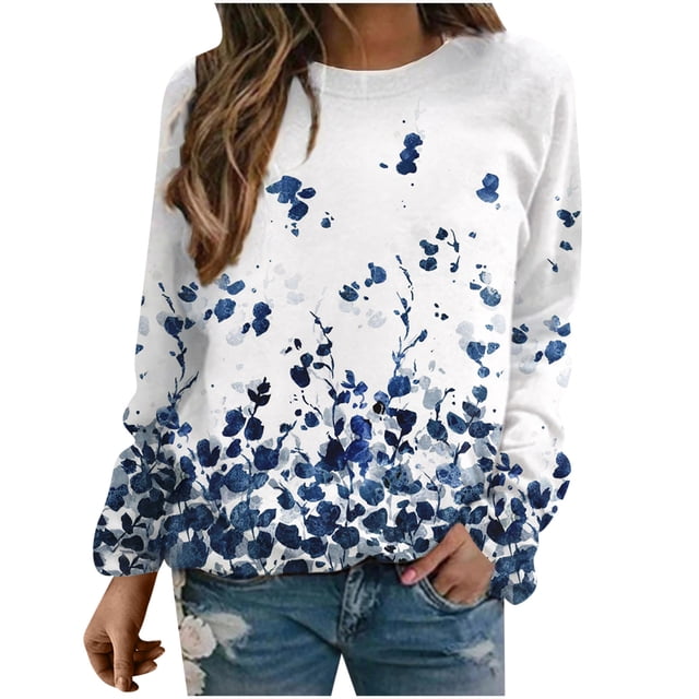 Moda mujer imprimir manga larga cómoda transpirable o-cuello camisa Tops Fridja hkj3239