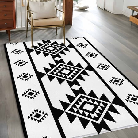 2.7x5 Washable Area Rug Aztec Triangle Pattern Non-Slip Rectangle Rug for Bedroom Bedside Black White Western Tribal Indoor Floor Mat for Home Decor