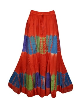 Mogul Womens Red Tie Dye A-Line Gypsy Long Skirt Rayon Summer Style Hippie Chic Boho Maxi Skirts