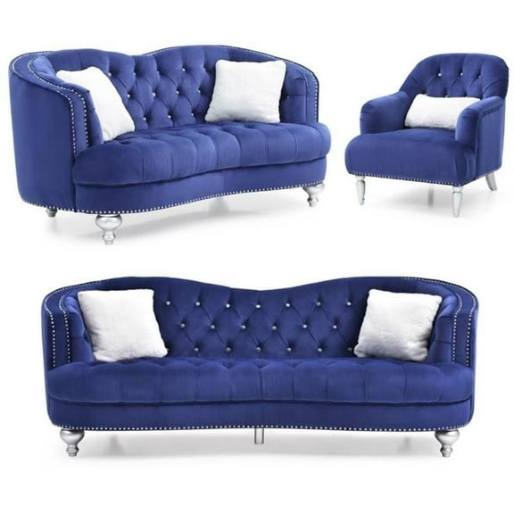 Home Square 3-Piece Furniture Set with Velvet Chair Loveseat and Sofa in Blue