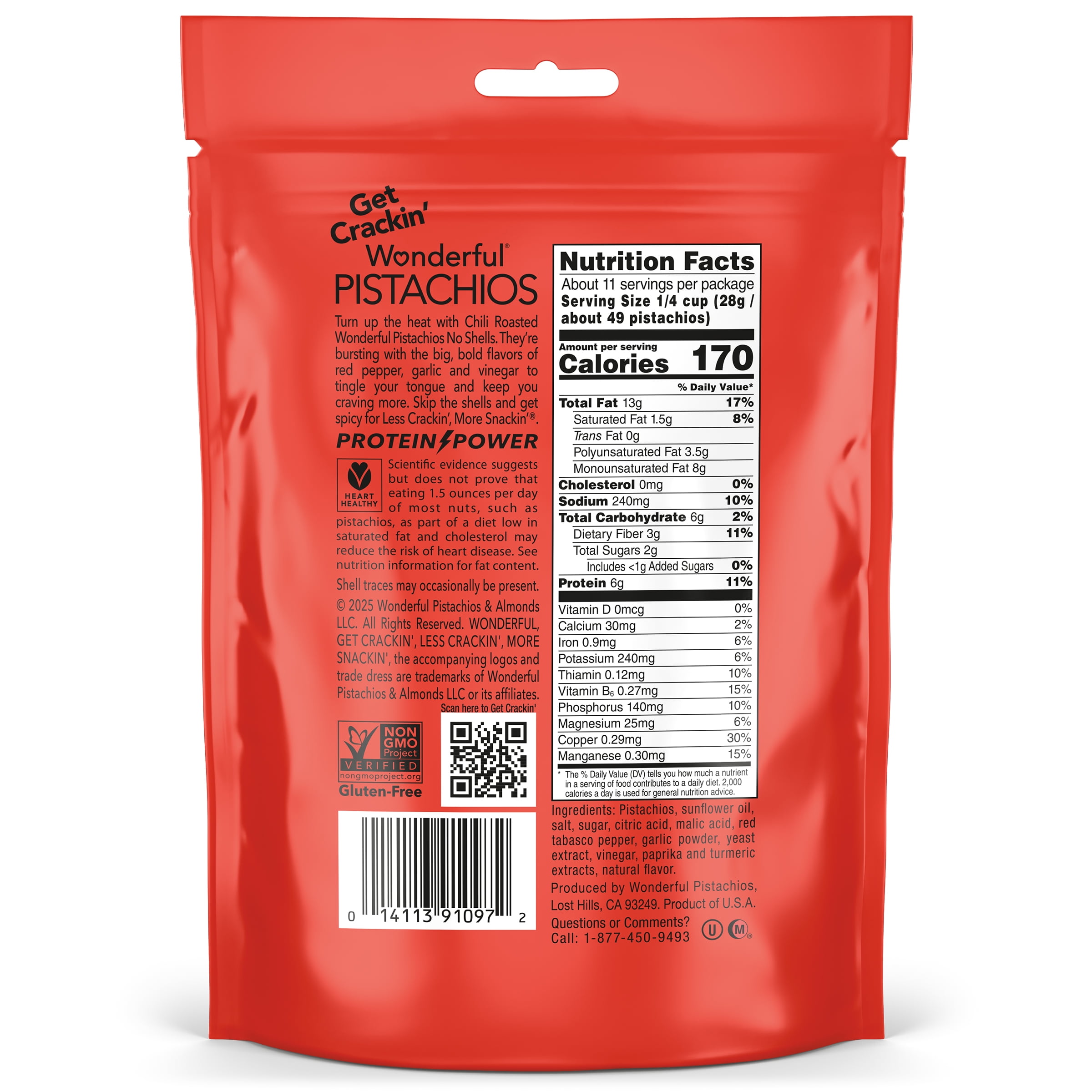 Wonderful Pistachios No Shells Chili Roasted Nuts, 11 Ounce Bag