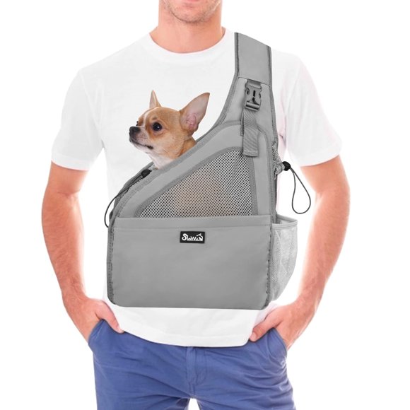 SlowTon Pet Dog Sling Carrier, Hands Free Papoose Small Animal Puppy Travel Bag Tote Breathable Mesh Hard Bottom Support Adjustable Padded Strap Front Pocket M