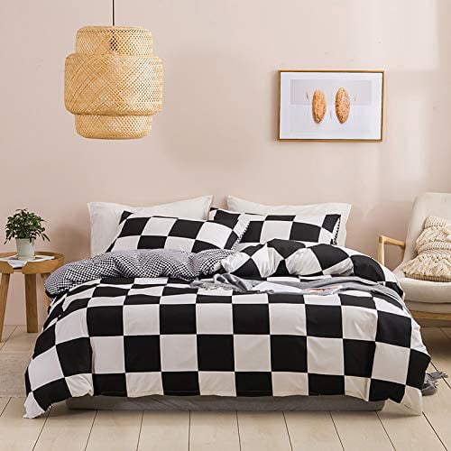 Fan Duvet Cover Set Queen Size Black and White Grid Checkered Plaid Pattern Boys Bedding Sets Reversible Modern Microfiber Comforter Cover and 2 Pillow Shams