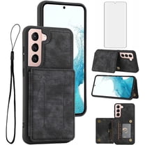 Phone Case for Samsung Galaxy S21 FE 5G Wallet Cover with Tempered Glass Screen Protector and Slim Credit Card Holder Stand Magnetic PU Leather Cell S 21 EF S21FE5G UW S21FE 21S G5 6.4 inch Men Black