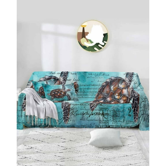 Sea Turtle Sofa Covers for 3 Cushion Couch,Washable Sectional & L Shape Couch Covers for Dog/Cat/Kid,Turquoise Antique Coastal Nautical Exotic Creature Non Slip Sofa Slipcover Futon Cover 71x150