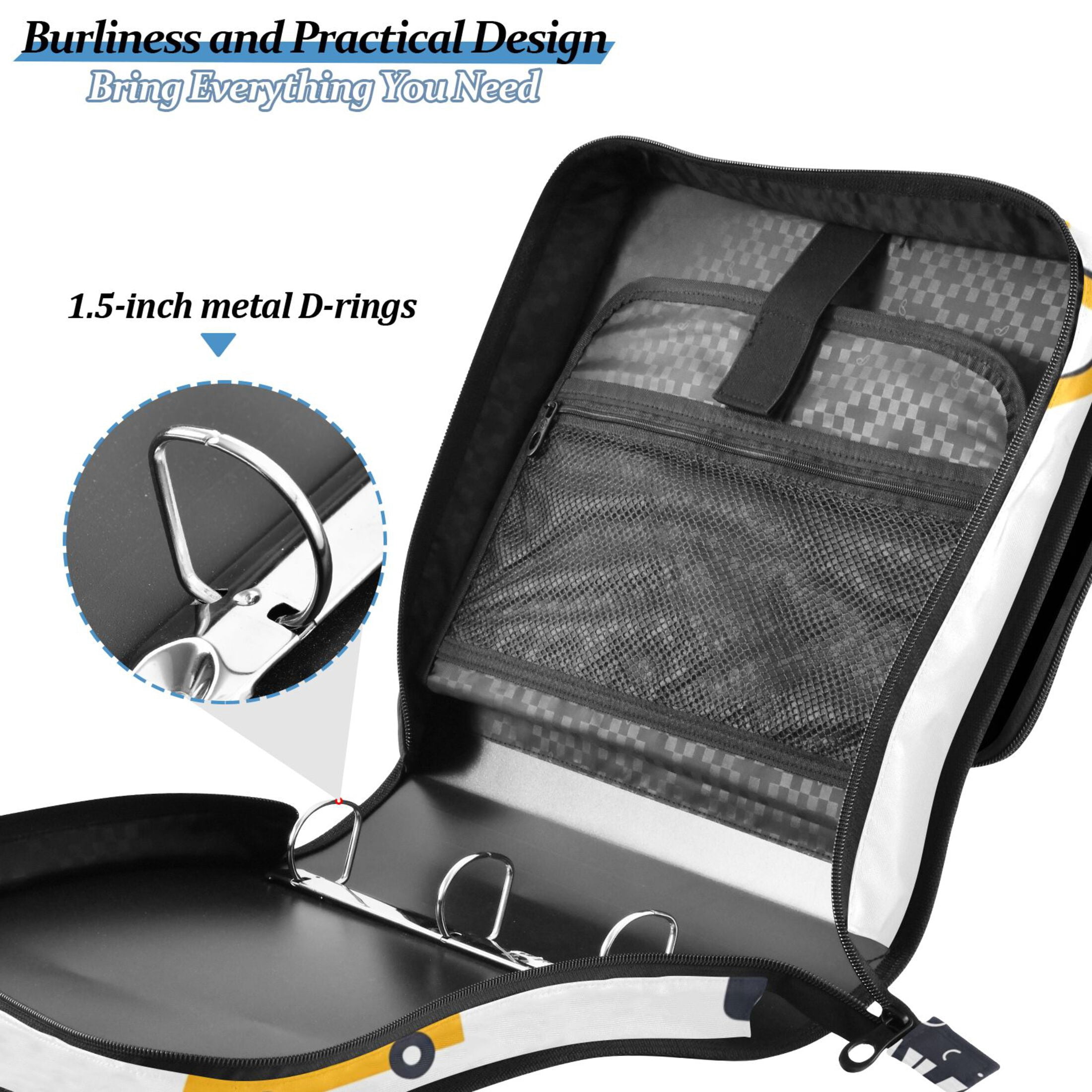 3 Ring Zipper Binder with Shoulder Strap Waterproof Trapper Keeper 2 Inch D-Ring 500 Sheets Capacity Cute Cars and Triangles