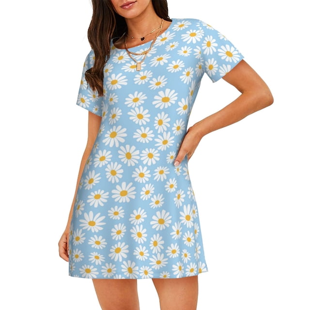 Fotbe Floral Daisy Bata de Dormir para Mujer con Estampado, Camisón de Algodón de Manga Corta, Ropa de Dormir Casual