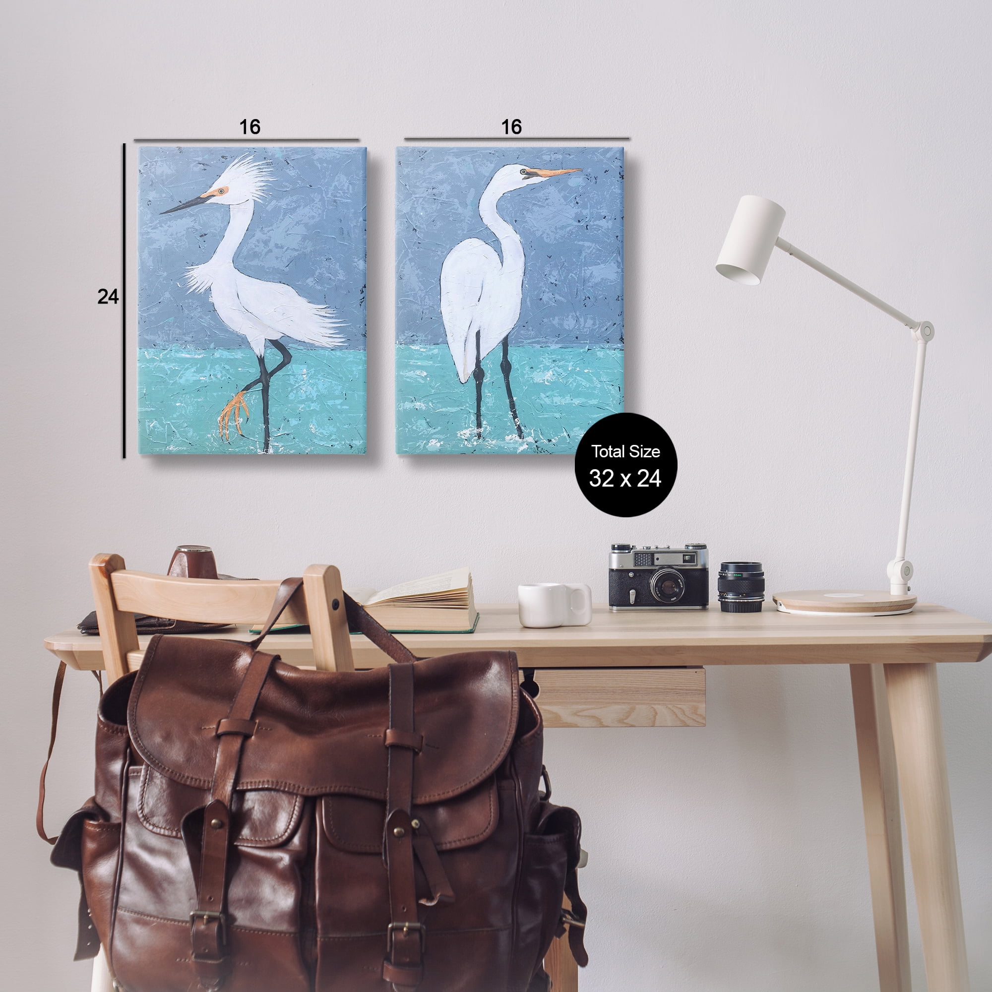 Stupell Industries Snowy Egret Pond Animals Painting Wrapped Canvas Art Print Wall Art, 16 x 24, Set of 2