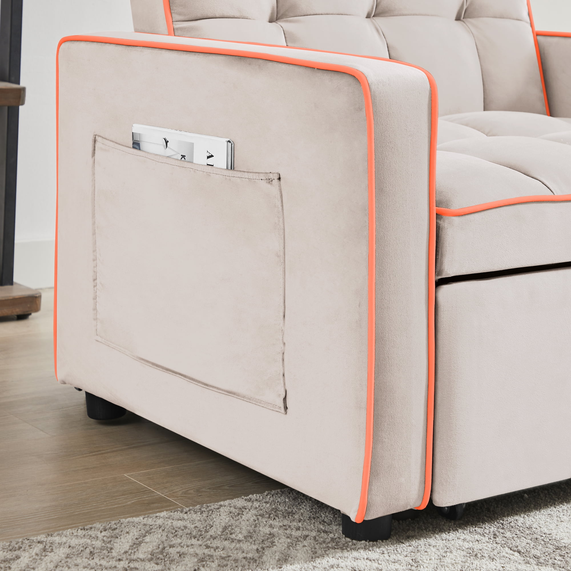 Jopath Convertible Sofa Chair Bed,3-in-1 Sleeper Sofa with Pull-Out Bed,Modern Velvet Single Sofa Chair with Reclining Backrest and Wide Armrest for Living Room Small Space,Beige