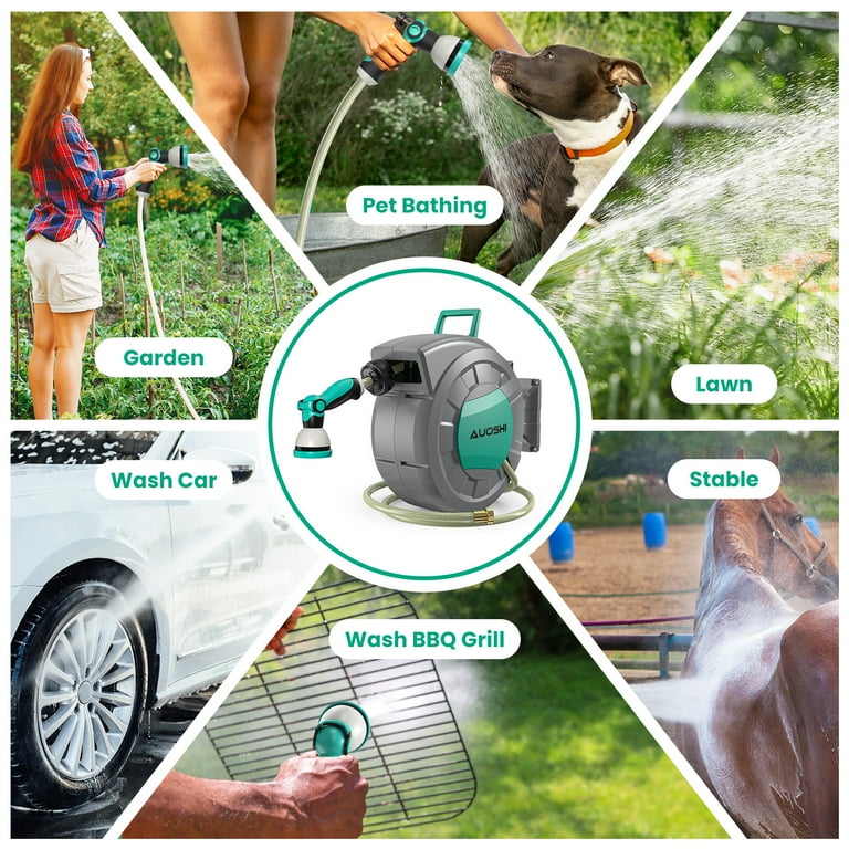 AUOSHI Retractable Garden Hose Reel 1/2 100ft Automatic Hose Reel with 10  Function Sprayer Nozzle Wall Mount 180 Deg Swivel Bracket Hose Reel with Any  Length Lock Slow Return System 