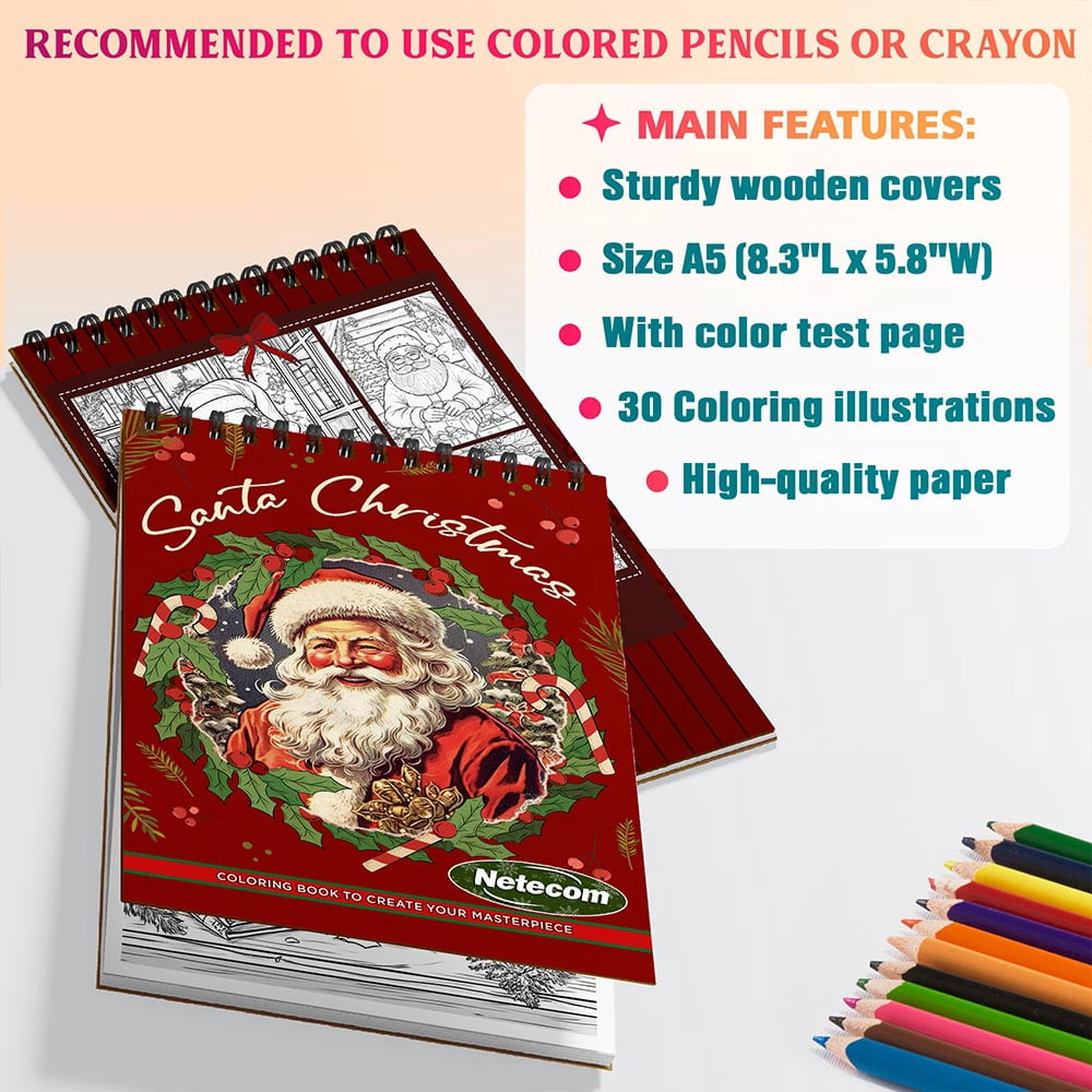 Netecom Santa Christmas Coloring Book Spiral Bound For Adults, A5 Wooden Cover, 30 Fesive Coloring Pages of Santa Scenes for Stress Relief and Relaxation
