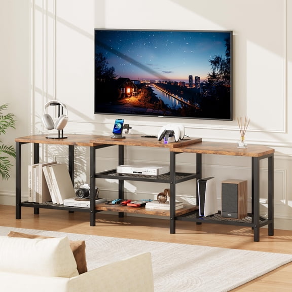 67 Inch Large TV Stand With LED Lights, Corner Entertainment Center With Power Outlets, 4 Open Storage Shelves, Media Console for Living Room, Bedroom, Grey