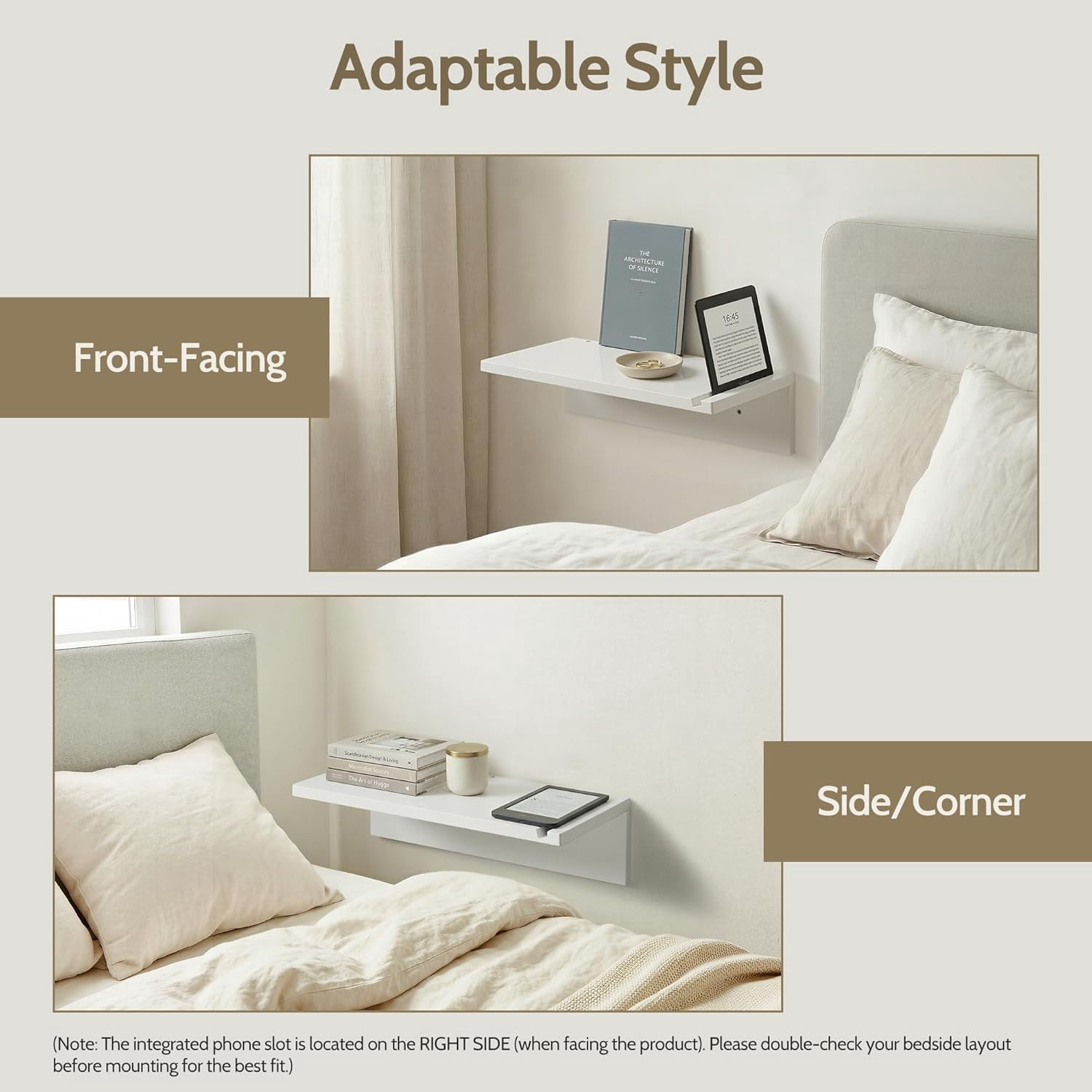 16" White Floating Nightstand, Modern Solid Pine Wood Wall Mounted Bedside Table with Phone Slot, Cord Management, Floating Shelves for Bedroom Dorm