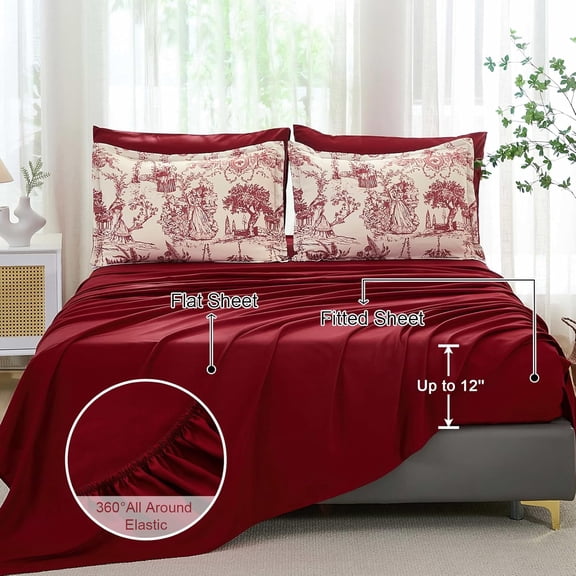 Red Comforter Set Queen 7 Piece Bed in a Bag Toile de Jouy Botanical Comforter with Sheet Set Soft Micorfiber Bedding Set (1 Comforter,2 Pillow Shams,1 Flat Sheet,1 Fitted Sheet,2 Pillowcases)
