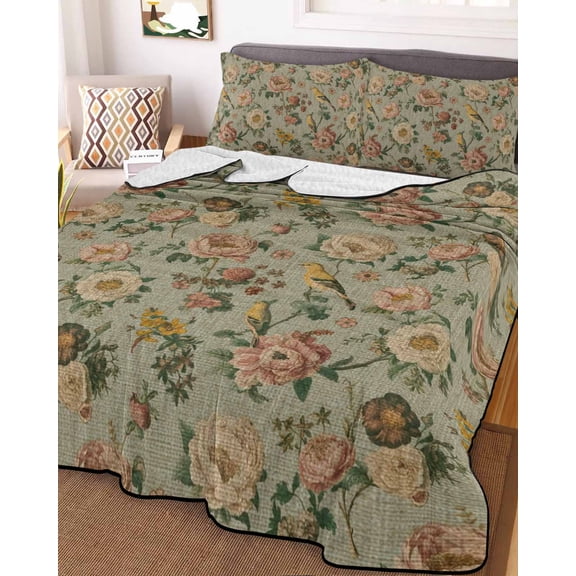 Vintage Spring Floral King Size Down Alternative Comforter, Lightweight Comforter Quilt Bedding Set with Pillow Shams Farmhouse Flowers Green Vintage All Seasons Bed Comforter Duvet Insert 96"x106"