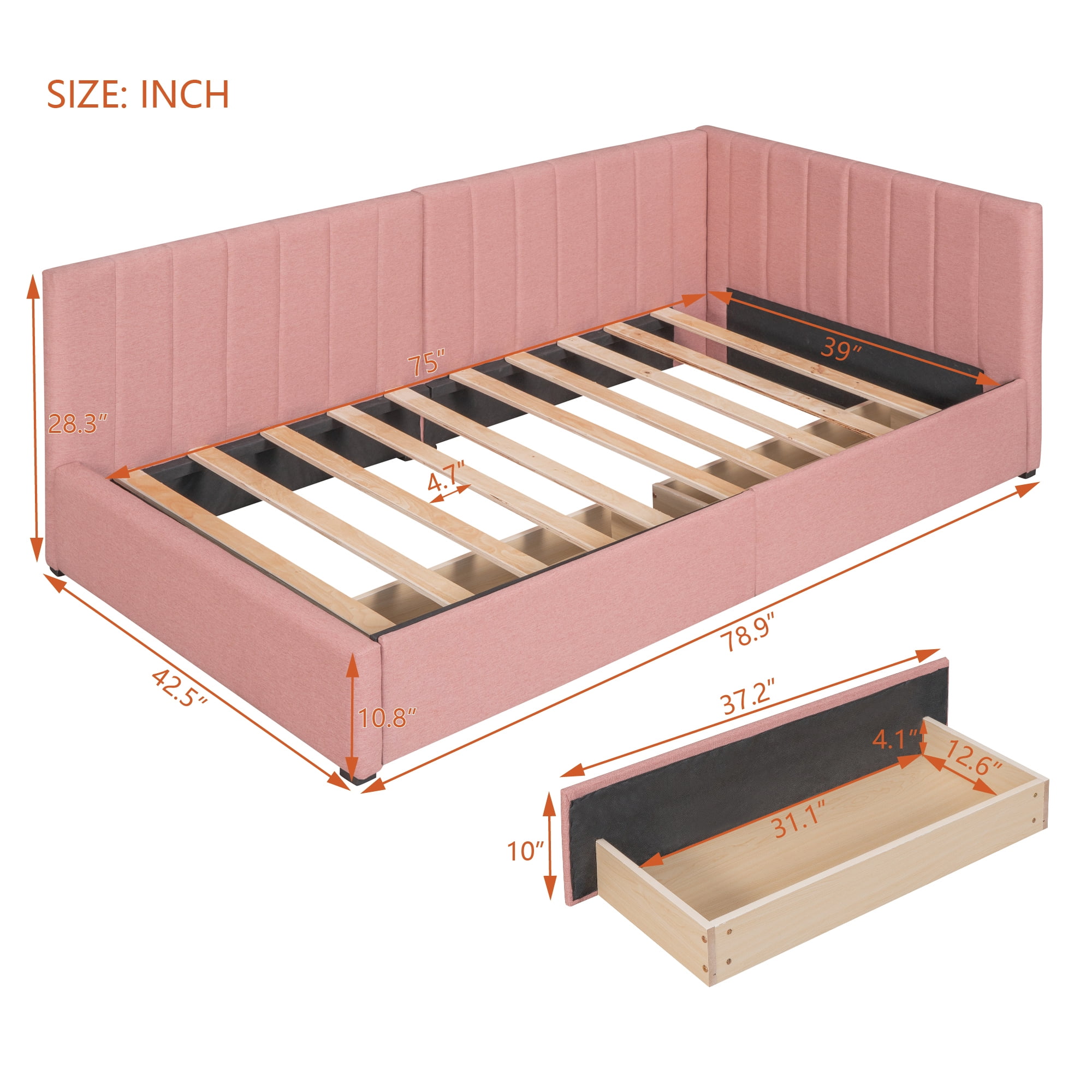Aukfa Upholstered Daybed with Two Storage Drawers, Twin Sofa Bed Daybed, Pink