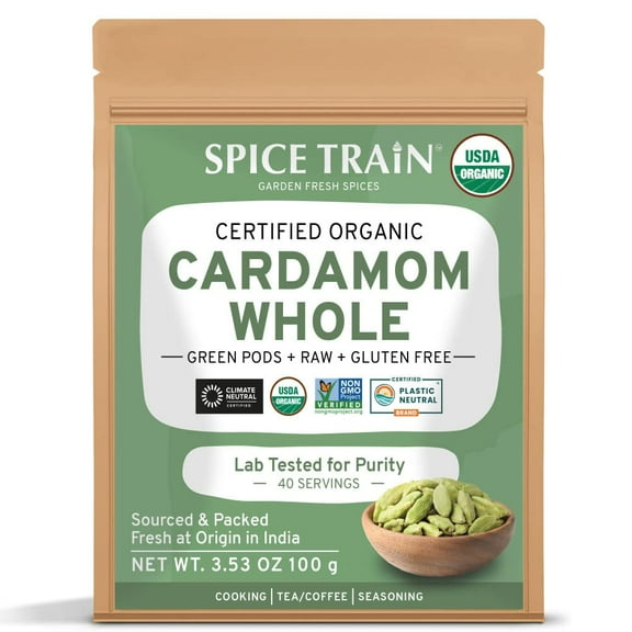 SPICE TRAIN Green Cardamom Pods (100g / 3.53oz) Large size Green Elaichi | Pure, Non-GMO, Gluten Free | 100% Raw from India | Resealable Zip Lock Pouch