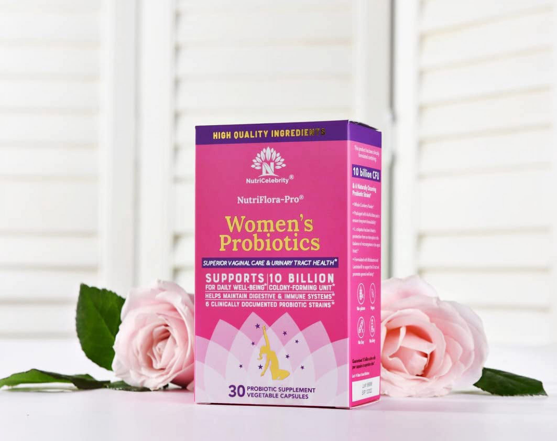 NutriCelebrity NutriFlora-Pro Probiotics for Women - Support Vaginal, Urinary Health (UTI), Digestive System, Period Pain, Yeast, and BV Relief, Cranberry Pills, 10 Billion CFU 6 Strains 30 Cap 2 Pack