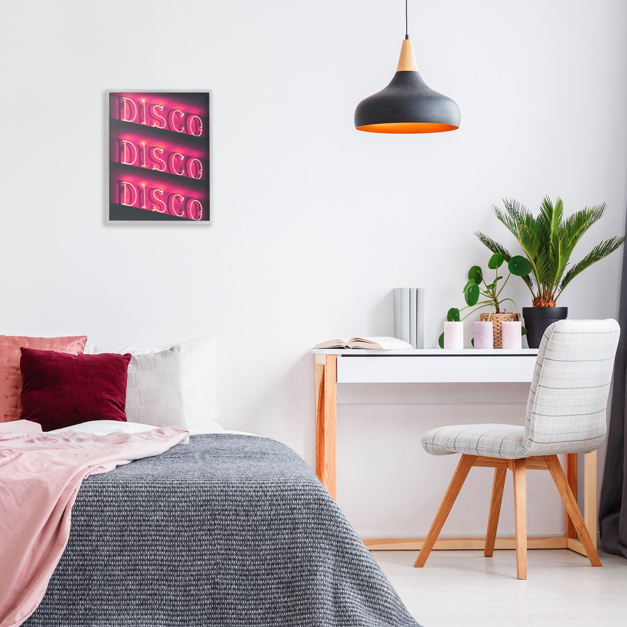 Stupell Industries Pink Disco Neon Lights Typography Painting Gray Framed Art Print Wall Art, 16 x 20