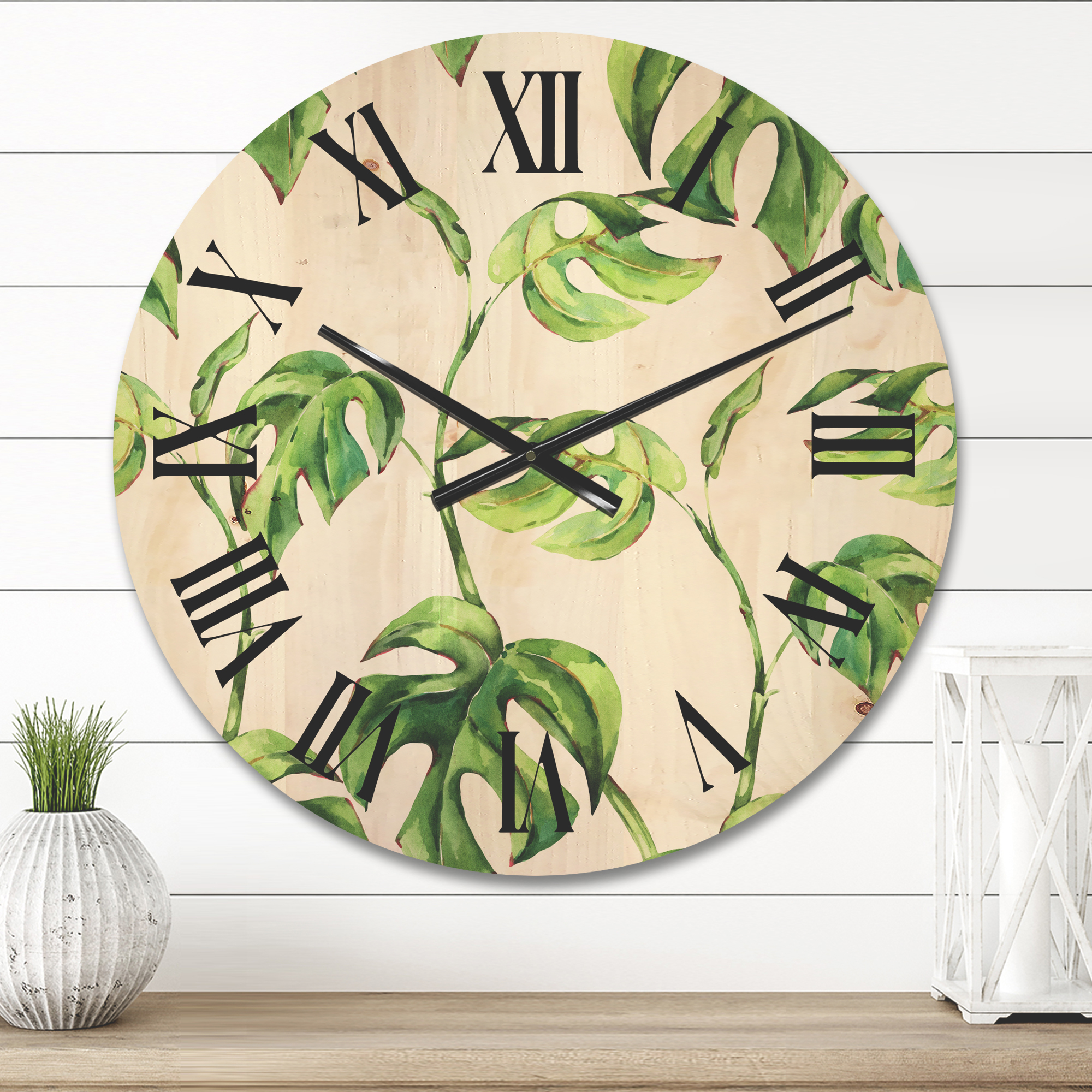Designart 'Ancient Floral Tropical Leaves II' Tropical Wood Wall Clock