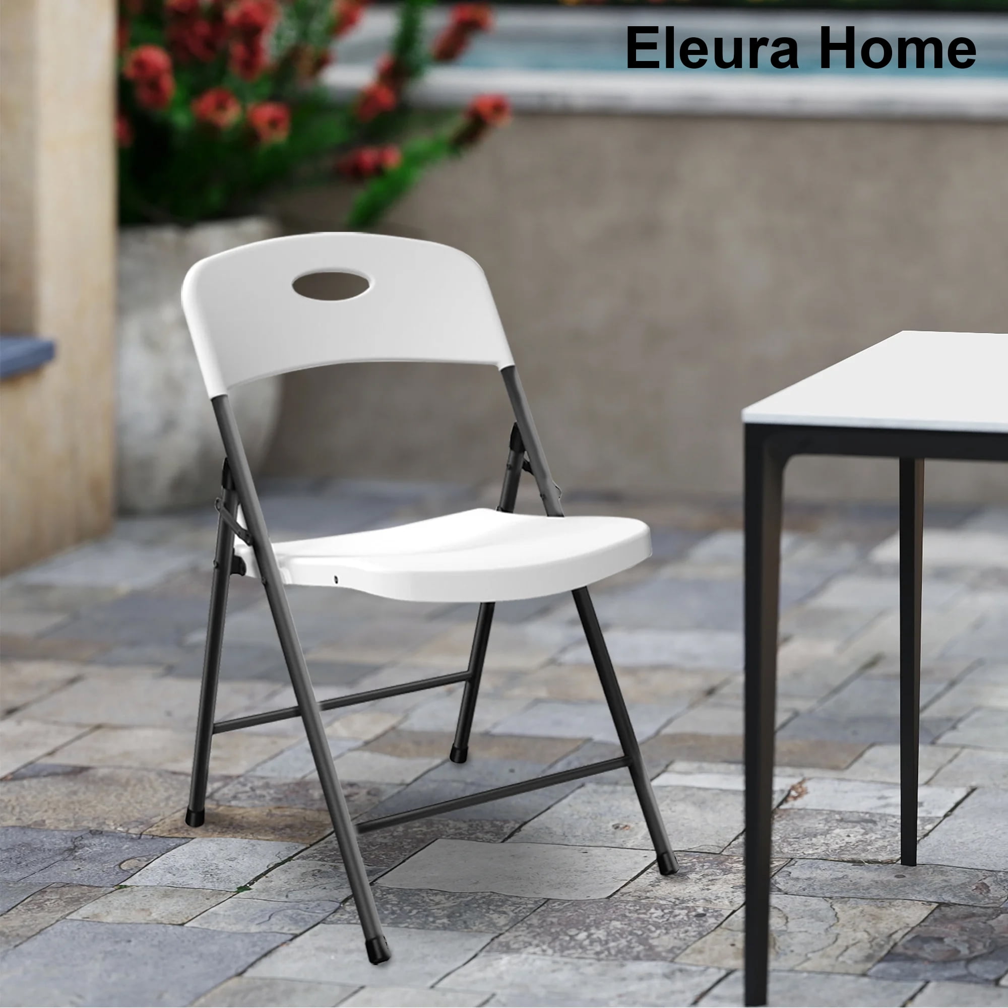 Eleura Home Plastic Folding Chairs 4 Pack, Sturdy Metal White Foldable Chair, 350 lbs Capacity, Portable for Outdoor/Indoor, Picnic, Party, Patio