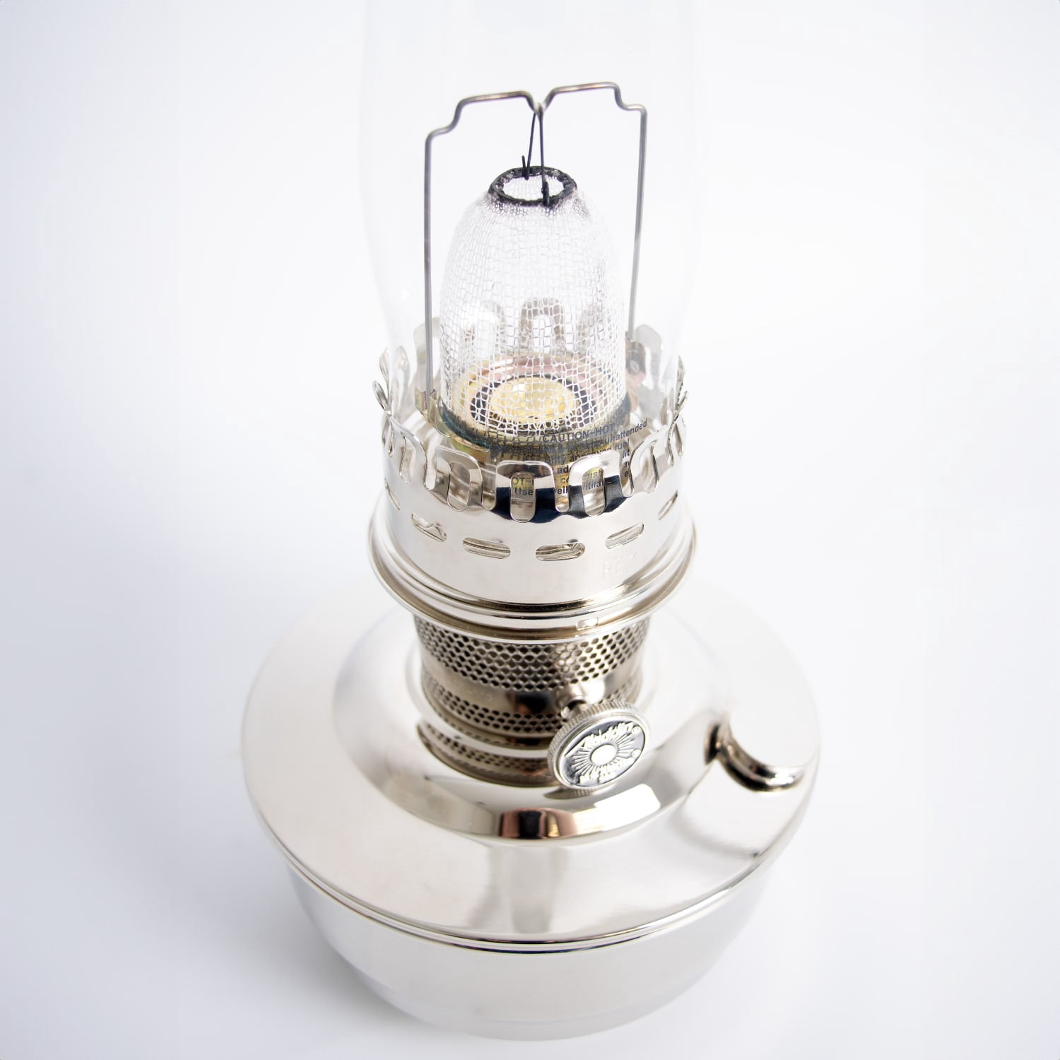 Aladdin Chrome Shelf Oil Lamp, Indoor Emergency Lighting for Shelf, Table or Hanging, Chrome-Plated Bowl with Nickel Burner