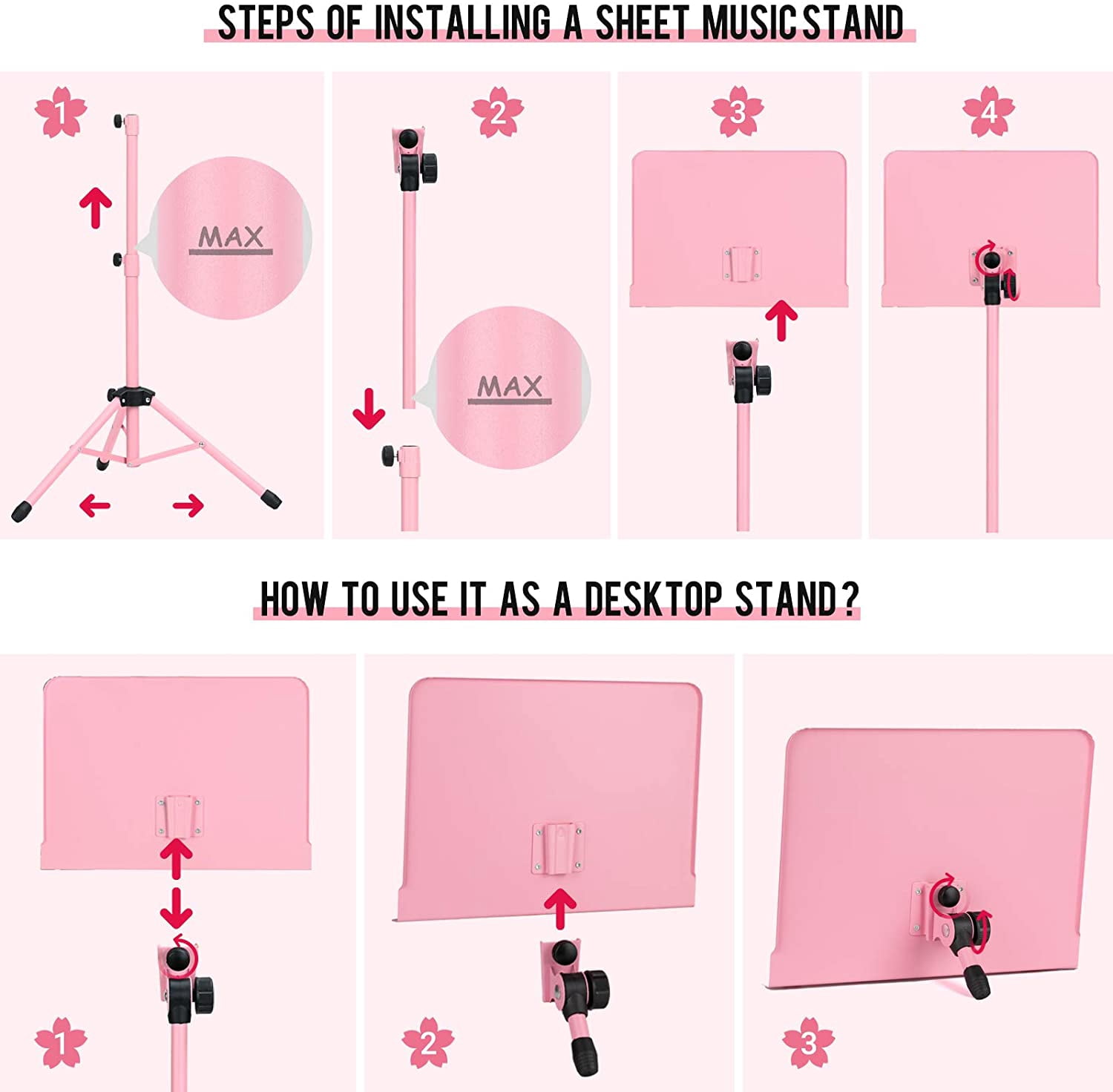 CAHAYA Sheet Music Stand & Tabletop Music Stand Solid Back with Carrying Bag for Books Notes Laptop Tablet Pink CY0194