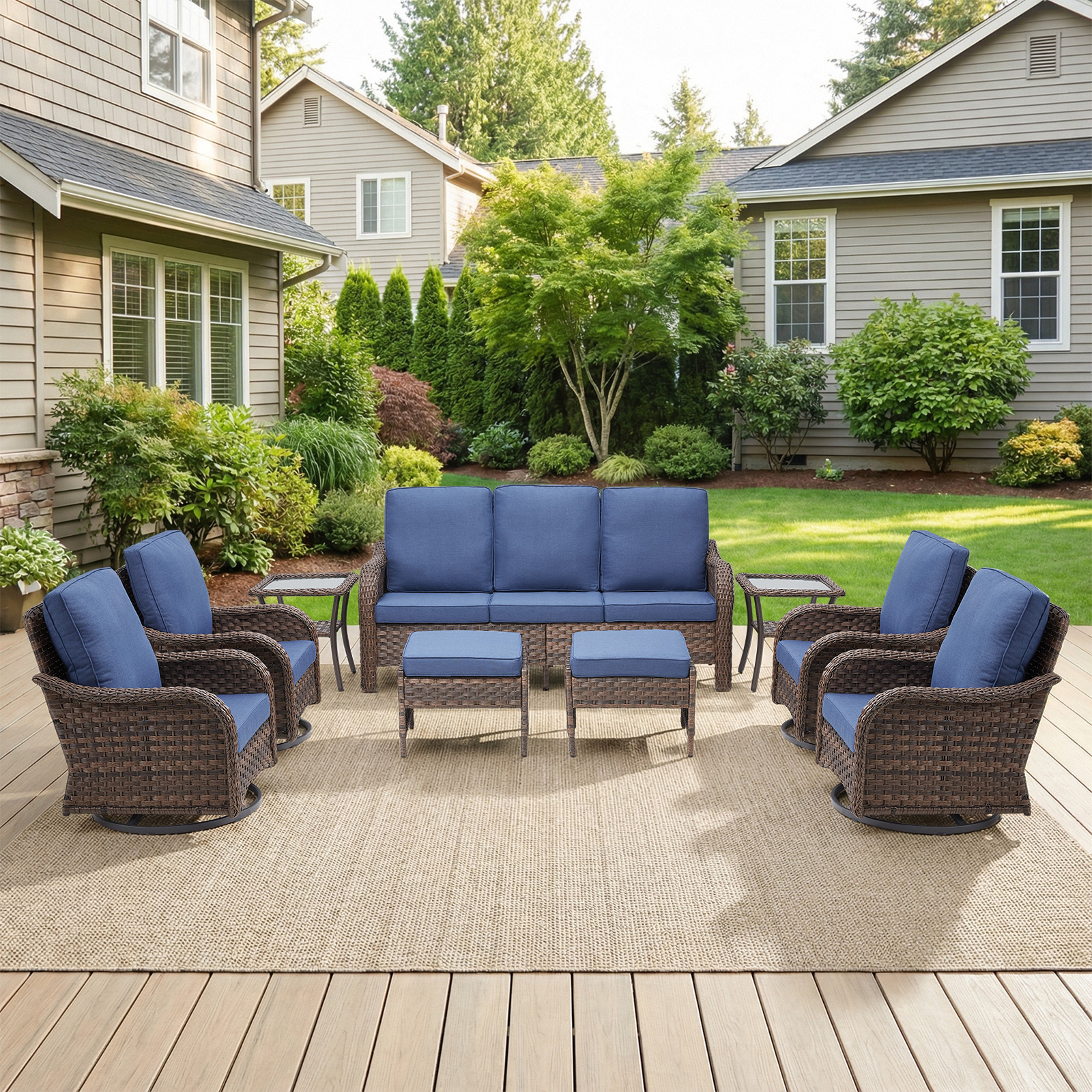 Outdoor Swivel Rocker Patio Chairs Set,9 Piece Furniture Set with 2 Swivel Rocking Chairs, 3-Seat Sofa,Ottoman & Side Table All Weather Wicker Conversation Set for Porch Deck Garden Backyard