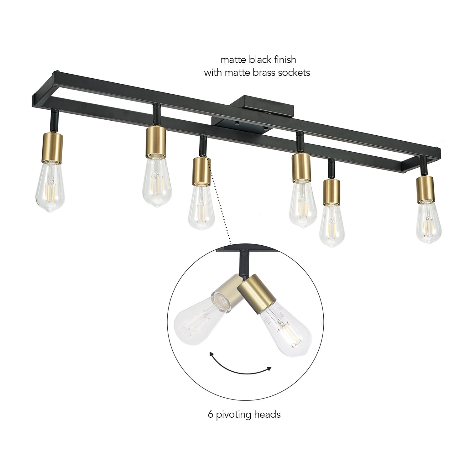 Globe Electric 36" 6-Light Matte Black Track Lighting, Matte Brass Pivoting Track Heads, 91007991