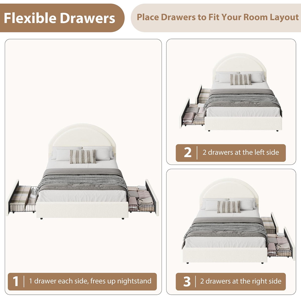 Danolapsi Queen Size Bed Frame with Storage Drawers, Upholstered Boucle Platform Bed with Round Headboard, Heavy Duty & Noise Free, No Box Spring Needed