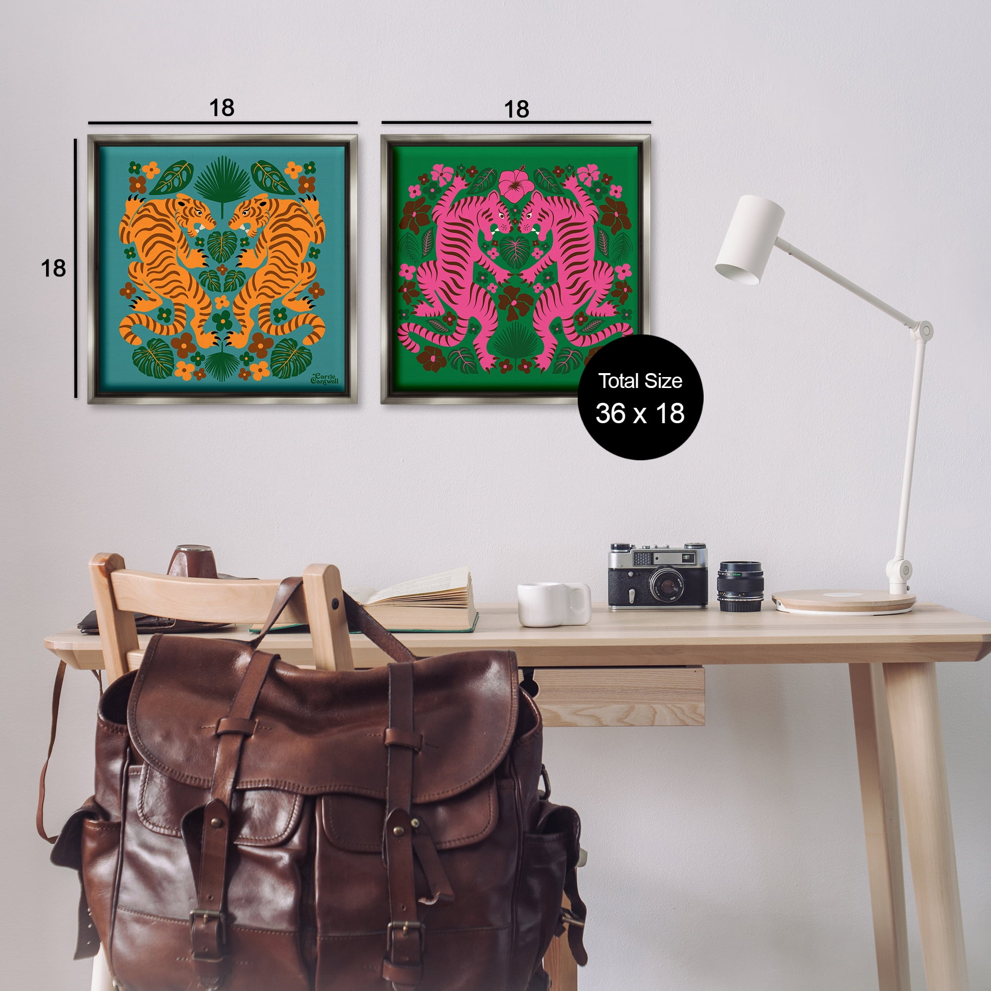 Stupell Industries Eclectic Twin Tigers Animals Painting Gray Floater Framed Canvas Art Print Wall Art, 18 x 18, Set of 2