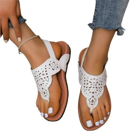 

Women Thongs Slippers Casual Sandals PU Flat Slide Shoes Hook & Loop Heel Strap 43 White