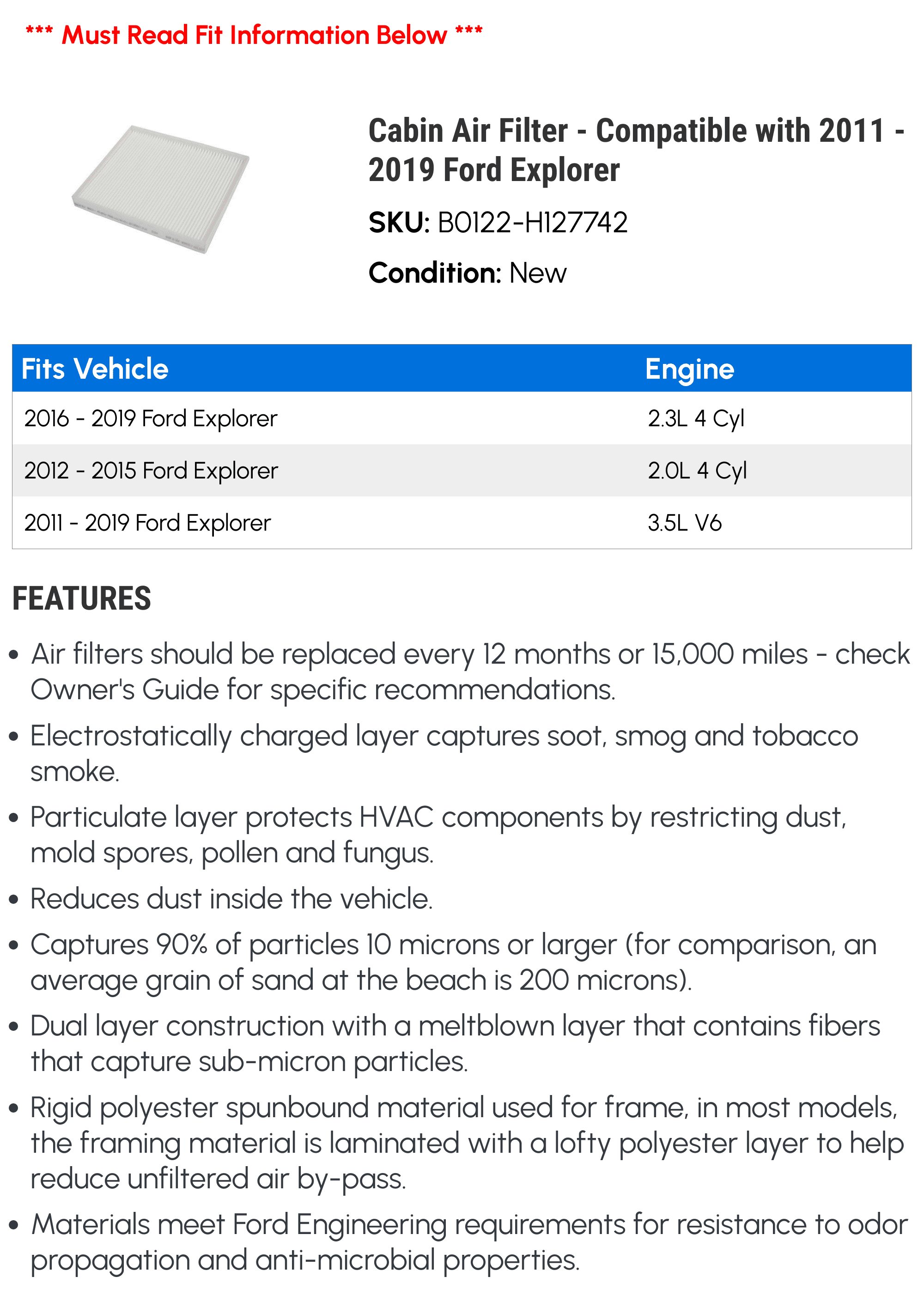 Cabin Air Filter - Compatible with 2011 - 2019 Ford Explorer 2012 2013 2014 2015 2016 2017 2018