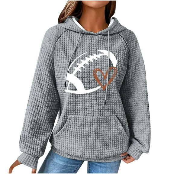 OWMEOT Waffle Hoodies for Women Football Printed Raglan Long Sleeve Hooded Sweatshirt Loose Comfy Rugby Pullover Tops
