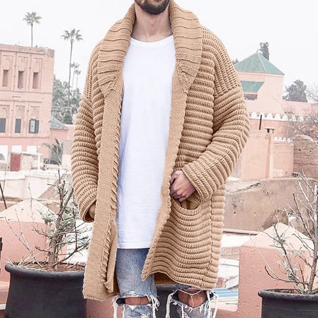 WREESH Homme Décontracté Uni Cardigan Mi-Long Manteau en Laine à Col Rabattu Chandail pour Fesses