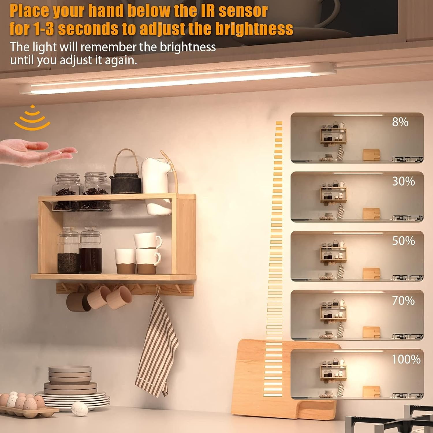16 Inch Under Cabinet Lights with Hand Wave, Counter Lighting 4000K Natural White,Dimmable,Plug and Play,LED for Kitchen Cabinet, Cupboard, Closet, Desk