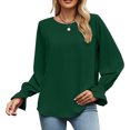 thumbnail image 1 of Jersey de cuello redondo para mujer, Color sólido, fibra de poliéster, puño fruncido, manga larga, Tops elegantes para otoño, Rosa S, 1 of 6