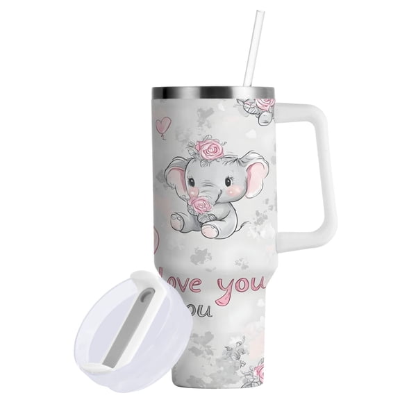 Yayeee 40oz Stainless Steel Tumbler with Straw and Handle Double-Wall Insulated Travel Water Bottle, Cartoon Elephant