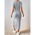 thumbnail image 3 of Women 2025 Summer Ribbed Short Sleeve Bodycon Maxi Dress Side Slit Knit Square Neck Long Sundress Light Gray L, 3 of 7