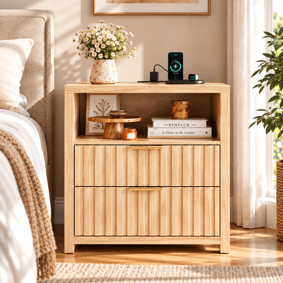 Ktaxon Nightstand with Charging Station, Night Stand Modern End Table with 2 Drawers, Bedside Table with Open Storage for Bedroom, Gray
