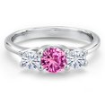 thumbnail image 3 of Gem Stone King 14K White Gold Pink Created Sapphire & White Moissanite 3-Stone Engagement Ring | 1.01 Cttw | Round 5MM and 4MM | Three Stone Wedding Anniversary Promise Ring for Women (Size 8), 3 of 6
