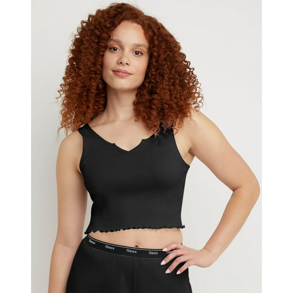 Hanes Originals Women's Rib Cropped Tank Top with Lettuce Edge Trim Black XL
