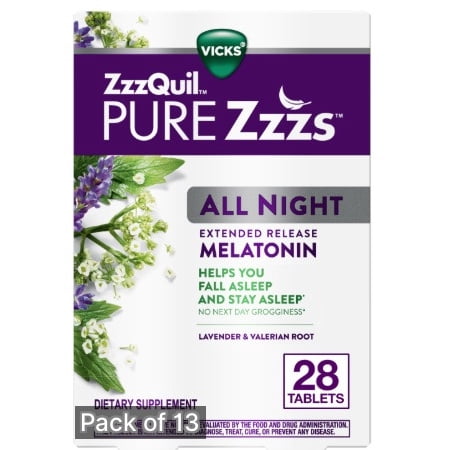 Vicks ZzzQuil Pure Zzzs All Night Extended Release Melatonin Tablets, Dietary Supplement, 28 Ct (Pack of 13)