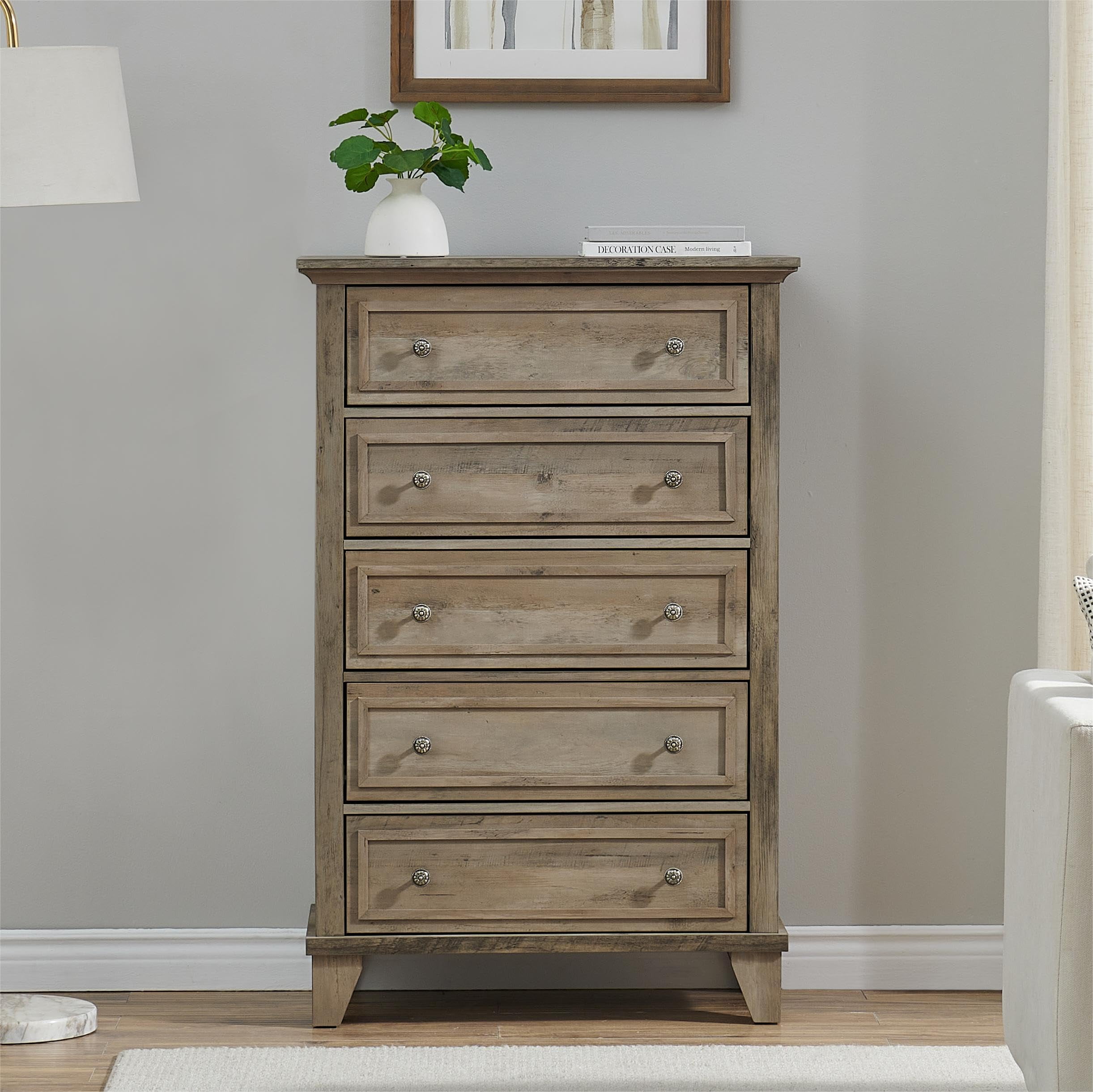5 Drawer Dresser for Bedroom, 48" Tall Modern Chest of Drawers with Deep Drawers, Wood Storage Cabinet with Vintage Metal Handles for Living Room, Hallway, Grey