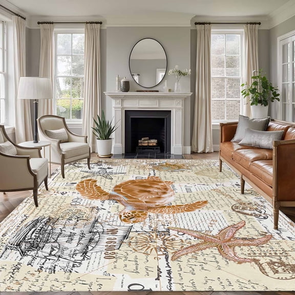 5'x7' Area Rugs, Coastal Sea Turtle Indoor Outdoor Area Rug for Living Room Bedroom, Vintage Nautical Summer Beach Starfish Washable Bathroom Rugs Kitchen Floor Carpet Mats Home Decor Aesthetic
