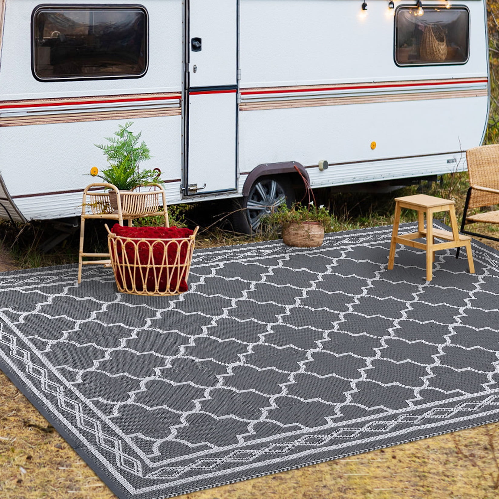 CAROMIO Gray Moroccan Outdoor Area Rug 9x12 ft Waterproof Reversible Plastic Mat for Camping RV Picnic