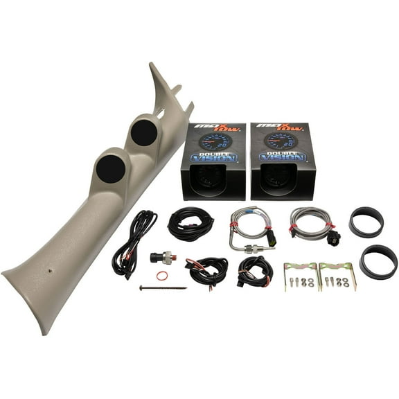 MaxTow | Factory Color Matched Tan Full Size Dual Pillar Pod for 2007-2013 Chevy Silverado 6.6 Duramax with MaxTow Black & Blue Double Vision Series 60 PSI Boost Gauge and 1500 F EGT Pyrometer