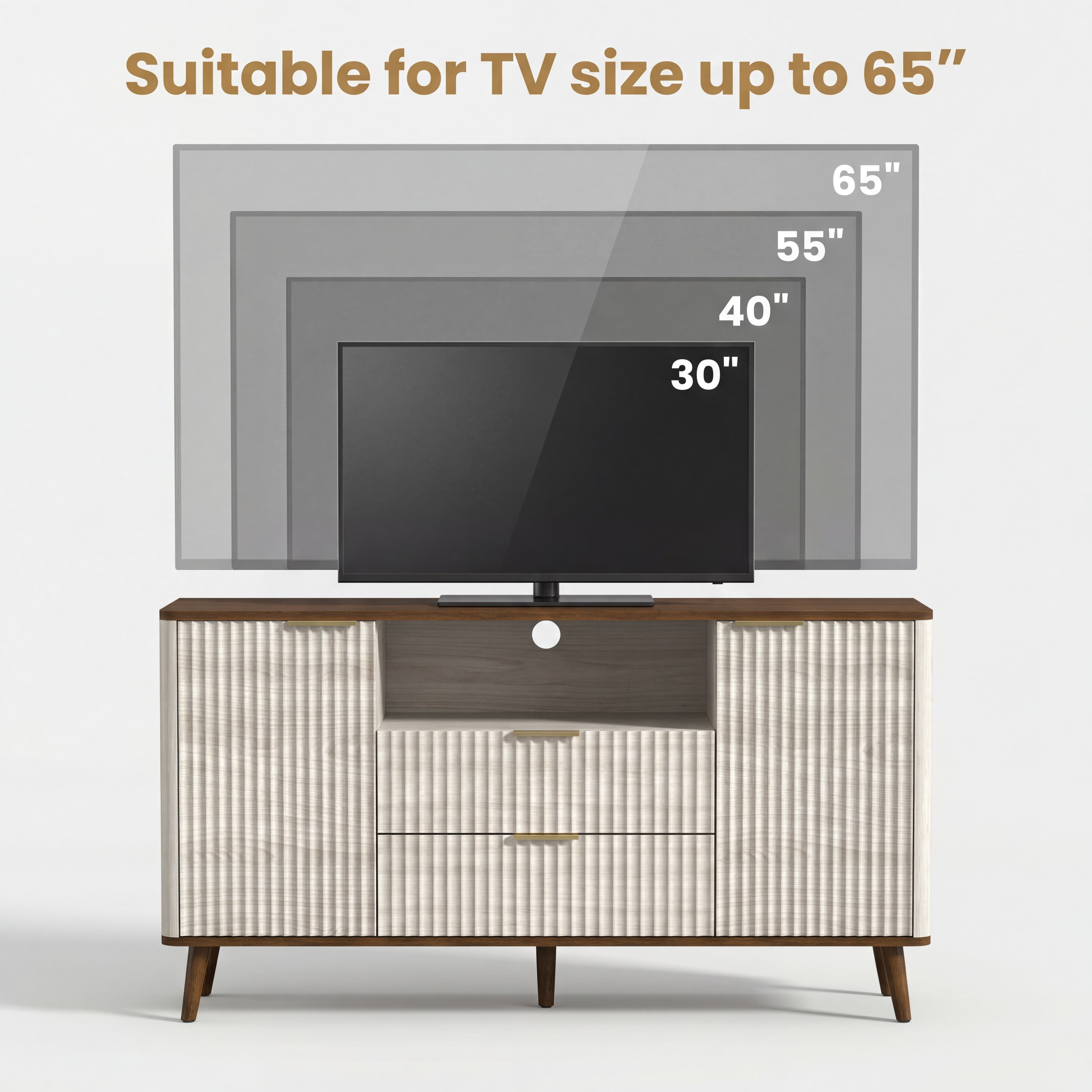 TrumanPick 55.3" Fluted TV Stand with LED Lights, Mid-Century Wood Entertainment Center for 65 Inch TVs, Beige&Walnut
